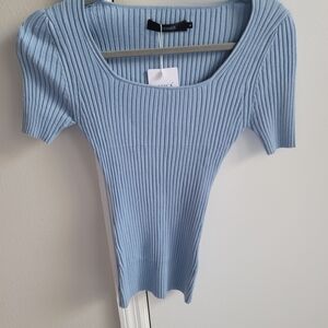 Blue Ribbed Knit Top